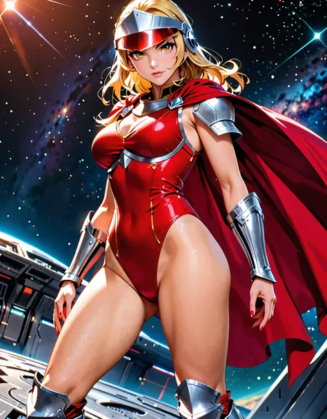 ((masterpiece)), ((best quality)), ((high res)), (dynamic villain pose), (solo, solo focus), standing, italian, (blonde hair, brown eyes), ((beautiful detailed eyes)), (a woman in a yellow and red costume and red cape), (leotard, bare legs), (roman helmet ...