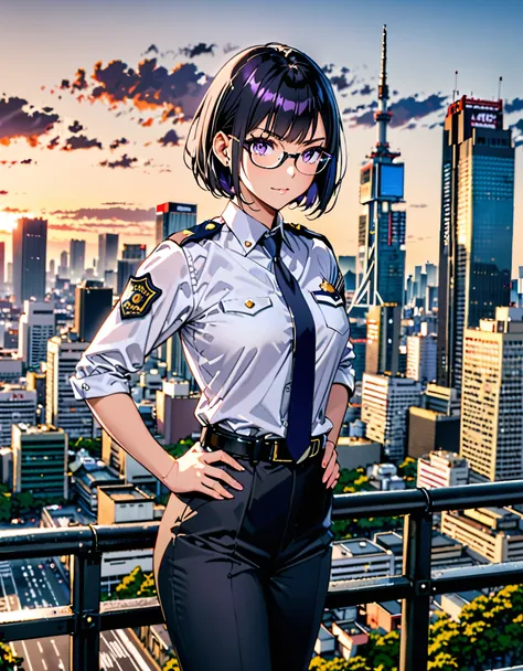 masterpiece, best quality, medium breasts, solo, (jet black hair, short hair, bob hair, purple eyes, bangs), (full body), city backdrop, tokyo city backdrop, solo, single, hands on hip, standing, japanese police uniform, glasses, (white shirt), (black pant...