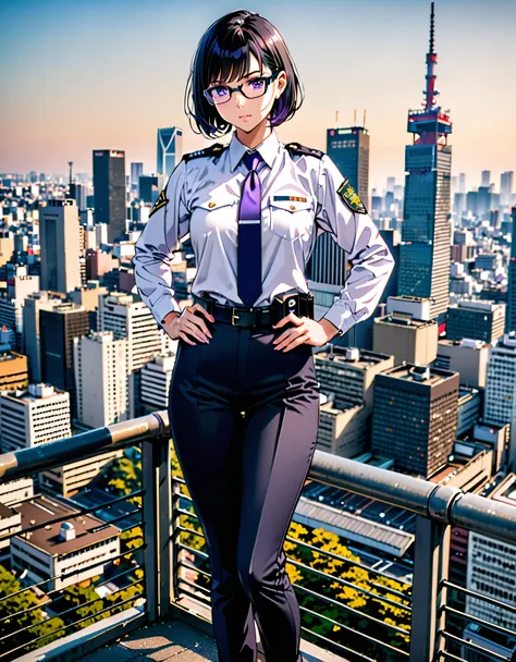 masterpiece, best quality, medium breasts, solo, (jet black hair, short hair, bob hair, purple eyes, bangs), (full body), city backdrop, tokyo city backdrop, solo, single, hands on hip, standing, japanese police uniform, glasses, (white shirt), (black pant...