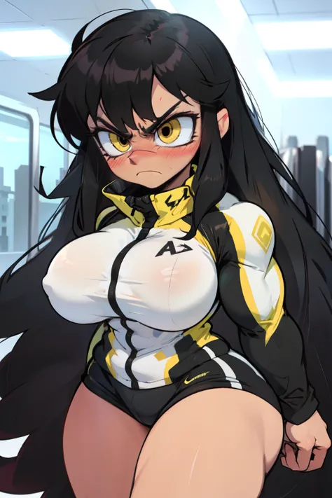 girl huge breasts bodybuilder muscular toned body pale skin black hair very long hair yellow eyes angry blushing embarrassed thick thighs 