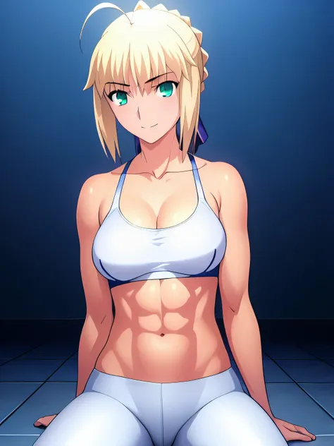 best quality, masterpiece, highres, details, realistic, ray_tracing_graphic, solo, adult_female, {saber_fatestaynightufotable:1.15}, blonde_hair, little_ahoge, green_eyes, blue_ribbon, 1girl, anime_coloring, full_body, kuudere_face, five_fingers, blush, li...