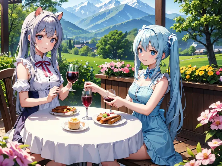 Light blue long hair、Beautiful girl with twin tails、Cute Costumes、drinking wine from a wine glass、On the table, a squirrel is looking at a beautiful girl、Flower Garden Cafe、Mountain ranges can be seen、Happy smile、Delicious food、