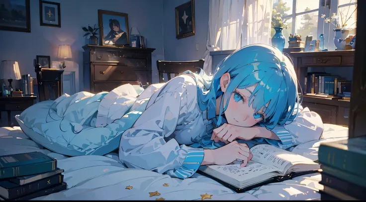 masterpiece, best quality, (alone focus), (perfect face:1.1), (high detail:1.1), (very detailed eyes), (star shaped eyes) )A girl with long pastel blue hair is sleeping on a cozy white bed. There are books spread out on the bed. The room is dark, but it sh...