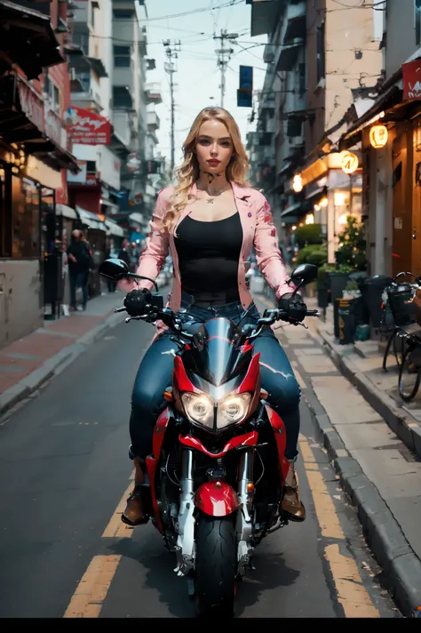 Sexy cyborg girl riding on the motorcycle, blonde hair, french braid, (Best quality, 4K, 8k, A high resolution, masterpiece:1.2), absurdity, masterpiece, ultra detailed, (realistic, photorealistic, photorealistic:1.37), complex parts, HDR, (complex parts:1...