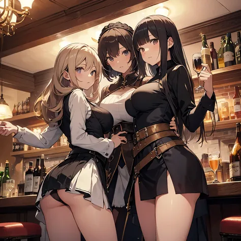 A group of female adventurers set in a medieval fantasy world, (At the pub), Mr.々Hair style, Harem, night, Detailed aspect, Short skirt, Seduce, No sleeve, armor 、showing off panties、Huge Breasts、Big Ass、wide waist width、Pulling up her skirt