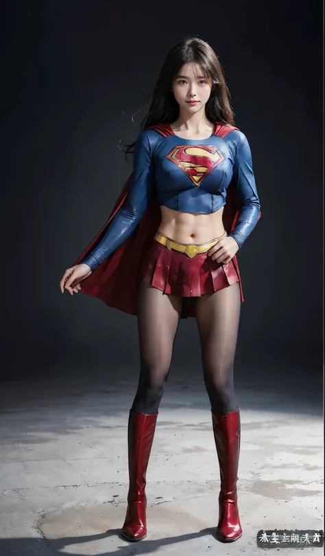 No background、(((Beautiful legs in black tights.)))、(((Legally express the beauty of your smile)))、((((Make the most of your original images)))、(((Supergirl Costume)))、(((Beautiful Hair)))、(((suffering)))、(((Please wear black tights....、Wear red boots)))、(...