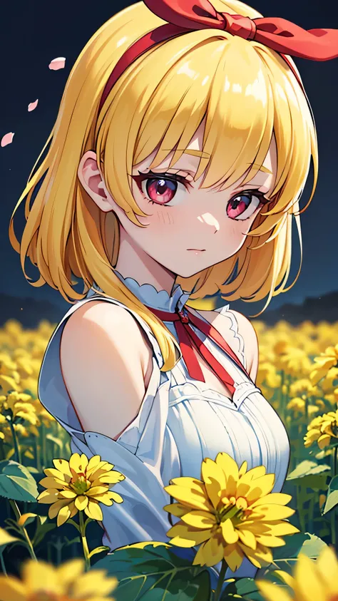 (RED Ribbon on HAIRband:1.2),Blonde HAIR,(masterpiece, best quality, highly detailed, ultra detailed, high resolution, absurdres, 4K, 8K:1.2), (official art, incredibly fine illustration, extremely detailed CG, detailed background, cinematic lighting, dyna...