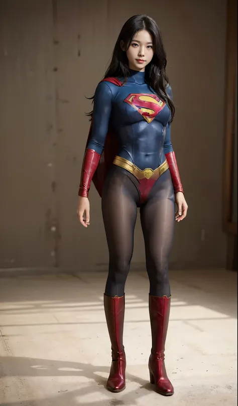 No background、(((Beautiful legs in black tights.)))、(((Legally express the beauty of your smile)))、((((Make the most of your original images)))、(((Supergirl Costume)))、(((Beautiful Hair)))、(((suffering)))、(((Please wear black tights....、Wear red boots)))、(...