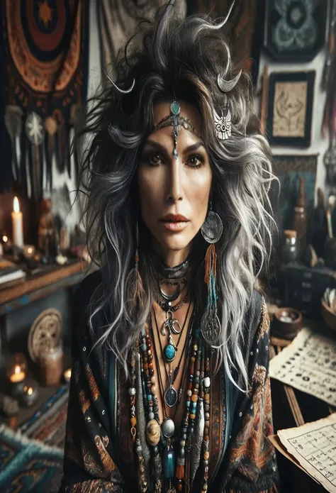 realistic details of face of old woman with long hair and a headpiece is sitting in a room, she is dressed in shaman clothes, wholesome techno - shaman lady, shaman witch, sorceress woman, witch woman, wearing psychedelic wicca, gothic maiden shaman, russi...