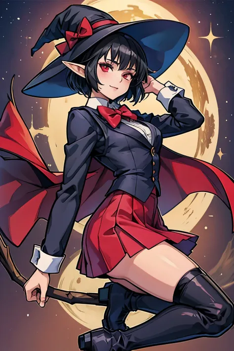 anime girl, short black hair, elf ears, red eyes, vampire, sorcerer, magician, witch, big witch hat, bowtie, shirt, vest, skirt,...