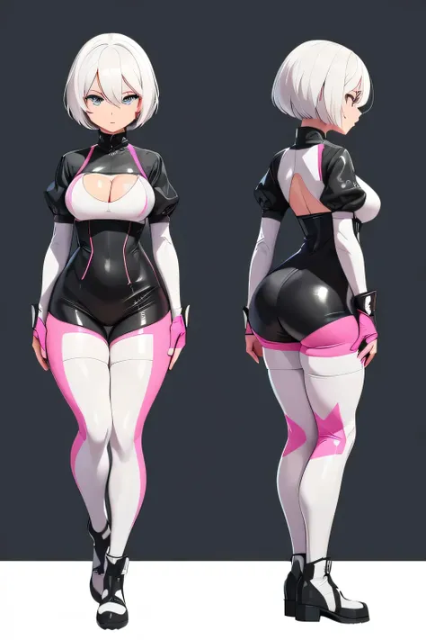 2B, DETAILED IMAGE, full body, WHITE HAIR with bangs, NO FOREHEAD VISIBLE, full body, cleavage, Neon PINK BODYSUIT clothing, cute expression