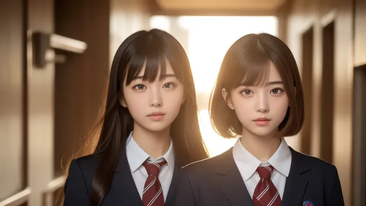 (2girl), brown eyes, air bangs, (highly detailed eyes, highly detailed face), (hyper-realistic, hight resolution), (best Quality:1.4), (high school uniform:1.2), model, Enchanting, Japanese girls school hallway, The setting sun shining through the school h...