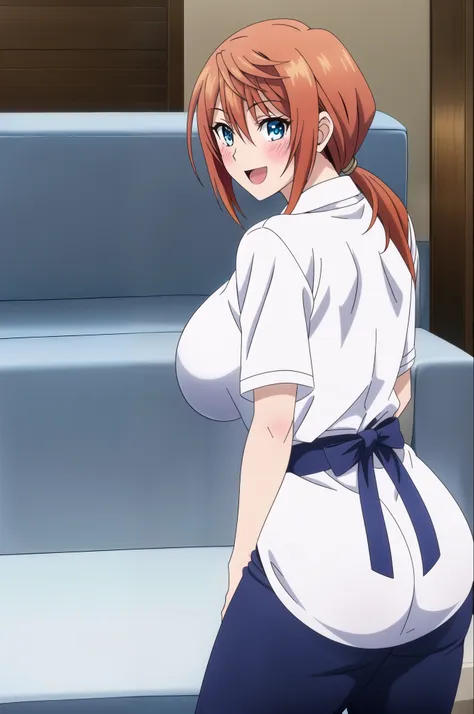 master piece, 1girl, solo, ponytail, orange hair, looking at viewer, blush, smile, open mouth, blue  pants, white shirt, , blue ...