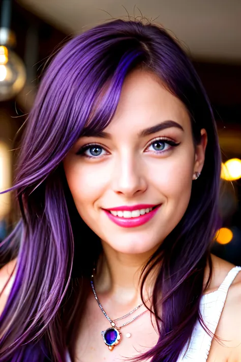 A portrait photo of a beautiful influencer woman, with captivating purple hair, mesmerizing blue eyes, bold red lips, and a charming, irresistible smile, in the cozy ambiance of a modern coffe shop, human details, 8k resolution, realistically rendered - ev...