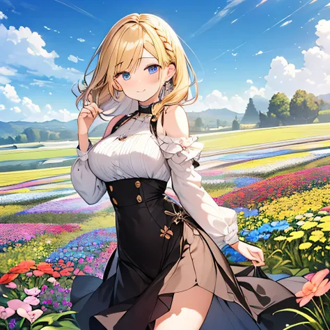 Tabletop, highest quality,figure, Super detailed, Absurd beauty、1 beautiful girl、 (Middle Hair、Short braided hair), Very detailed beautiful eyes , Hair blowing in the wind、Keep your head small、Flower Field、great outdoors、Flower Garden Scenery、Blonde、Ample ...