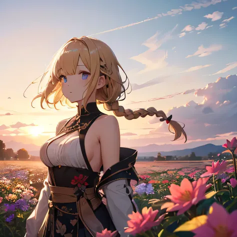 Tabletop, highest quality,figure, wallpaper, Super detailed, Absurd beauty、1 beautiful girl、 (Middle Hair、Short braided hair), Very detailed beautiful eyes , Hair blowing in the wind、Keep your head small、Flower Field、great outdoors、Flower Garden Scenery、Bl...