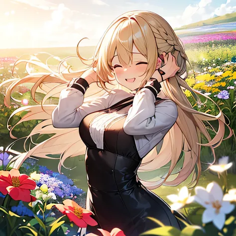 Tabletop, highest quality,figure, wallpaper, Super detailed, Absurd beauty、1 beautiful girl、 (Long Hair、Short braided hair、Blonde、Close your eyes and laugh、Ample breasts), Very detailed beautiful eyes , Hair blowing in the wind、Keep your head small、Flower ...