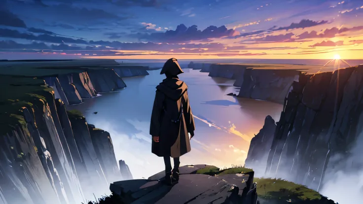 (best quality, highres, ultra-detailed:1.2), silhouette of a person on a tall cliff, wearing a black hood and black overcoat, at dusk, tonalism, god rays, symmetry, first-person perspective, aerial view