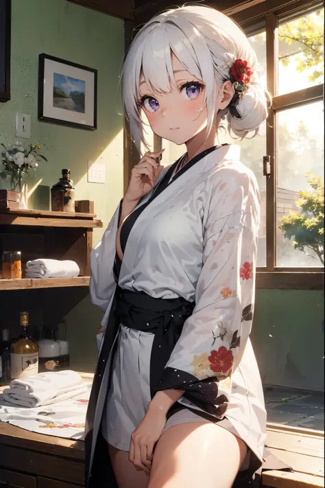 ((((masterpiece)))), expensive quality, very_expensive_solve, One girl, {{They are}}, ((Horn)), ((white hair)),Light purple eyes、 {{cute}}, face, Drunk, (Long-sleeved kimono, gradation kimono, Hairpin, hair ornaments))),((((I hold a handkerchief in my hand...