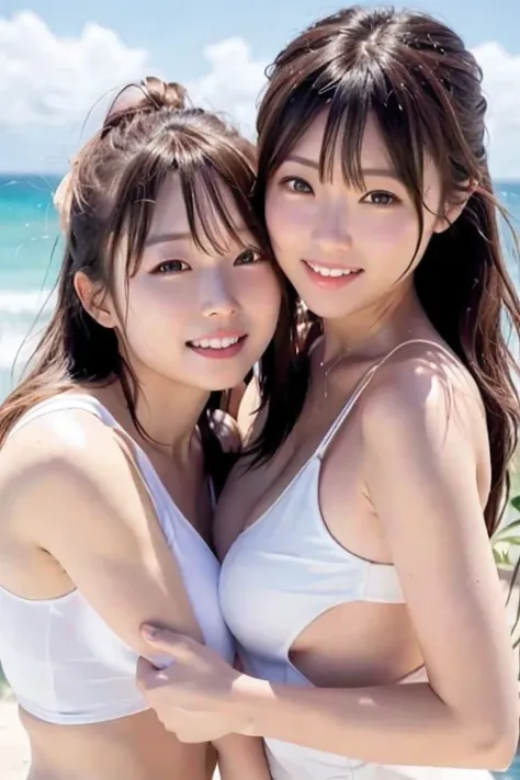 Photorealistic perfect body、Japan models、a blond、Wearing a white tight swimsuit、Happily cuddling on the beach、Enjoy、Splashes fly and hit your face、Close one eye、Healthy beauty、Sexy Full Body、Shyness and laughter、toned body