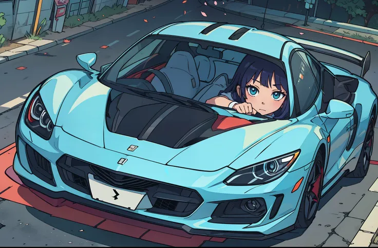 highest quality, Anime Style, Girl leaning against car,