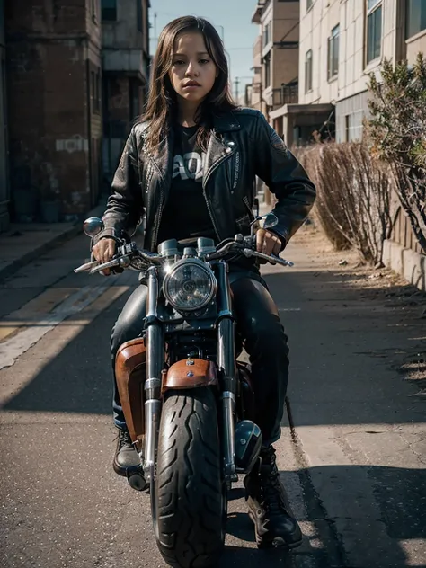 Jenna Ortega at the age of 19 as Terminator T 800 model 101, leather jacket ,aviator sunglasses, Shotgun in hand,riding a Harley Davidson fatboy motorcycle,HDR,8k render,still from the film, photorealism,style of the film Terminator 