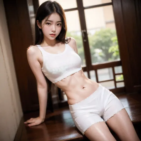 arafed asian woman in a tang top and short pants posing for a picture, wearing tight simple clothes, tang top, korean girl, gorgeous young korean woman, wearing tang top, wearing a sexy cropped top, beautiful asian girl, beautiful young korean woman, japan...