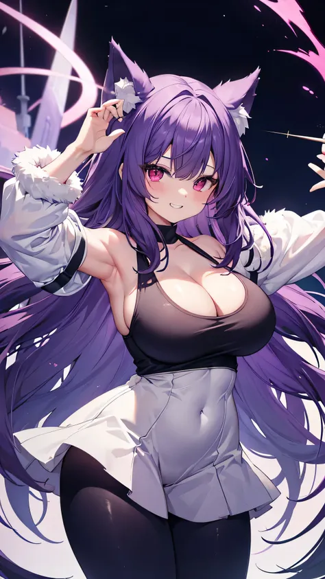 Wolf Girl, Large Breasts, Voluminous purple hair, masterpiece , Red eyes, hd, Thick thighs, Head to Chest, buried in my chest、Double teeth、tooth、Chubby、Grinning、leggings、Tank top、Big cleavage、Show your side、Raise your arms