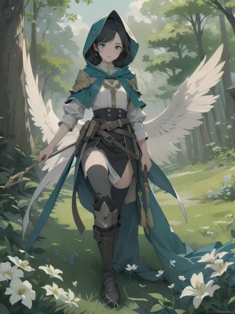 (Masterpiece, top quality, highest quality, official art, beautiful and aesthetic: 1.2), 1 girl, solo, marquise, adventurer, hood, meadow, detailed background, otherworldly fantasy with overwhelming modeling and super detailed amount of writing, one of the...