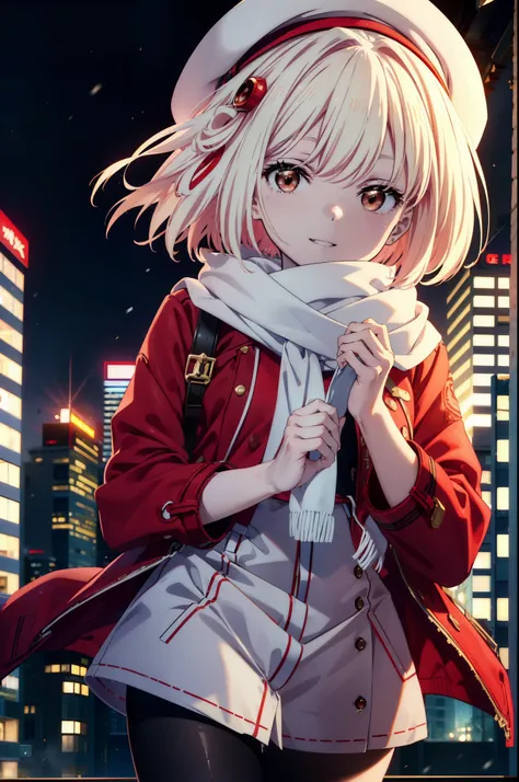 chisatonishikigi, nishikigi chisato,Short Hair , bangs, blonde,Bobcut (Red eyes:1.5),happy smile, smile, Open your mouth,Red oversized coat,White knit hat,White scarf,White Sweater,Shorts,White pantyhose,sneakers,Shirogane World,Snow is piling up,it&#39;s ...