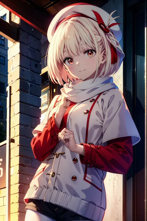 chisatonishikigi, nishikigi chisato,Short Hair , bangs, blonde,Bobcut (Red eyes:1.5),happy smile, smile, Open your mouth,Red oversized coat,White knit hat,White scarf,White Sweater,Shorts,White pantyhose,sneakers,Shirogane World,Snow is piling up,it&#39;s ...