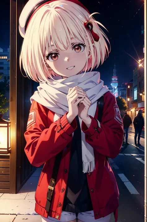 chisatonishikigi, nishikigi chisato,Short Hair , bangs, blonde,Bobcut (Red eyes:1.5),happy smile, smile, Open your mouth,Red oversized coat,White knit hat,White scarf,White Sweater,Shorts,White pantyhose,sneakers,Shirogane World,Snow is piling up,it&#39;s ...