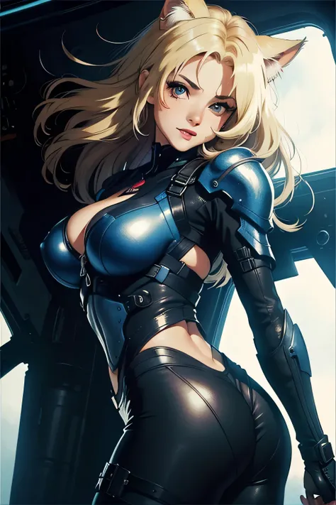 ((highest quality)), ((masterpiece)), (be familiar with), (High definition), 8K, Perfect Face、2Women、Two blonde women with cat ears、((Standing by in the mobile suit&#39;s 2cockpit))、Fearless smile、tall、2 Blonde cat ears、2. Long Hair、2. Volumetric hair styl...