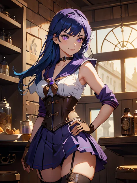 masterpiece, high quality, standing, 1_women, (upper body), (((looking away from viewer))), (bright blue hair), medium length hair, cute bangs, flowing hair, (exotic skin_complexion:1.4),mature, tall, diamond shaped eyes, (((purple eyes))), dark_eyeliner, ...