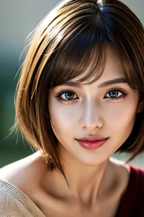 (highest quality、table top、8k、best image quality、Award-winning work)、(one young girl, 14 years old:1.3)、(Perfect V-neck red long knit sweater:1.2)、(red eyeshadow:1.2)、perfect makeup、long eyelashes、Super high-definition sparkling eyes、ultra high definition ...