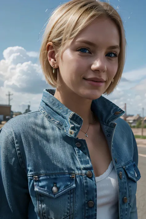 girl, alone, android 18, blonde hair, blue eyes, short hair, jewelry, earrings, smile, jacket, looking to the side, denim, denim jacket, upper body, lingerie, closed mouth, cloud, sky, day, looking away, blue sky, collarbuno,