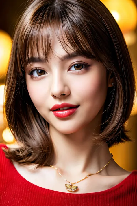 (highest quality、table top、8k、best image quality、Award-winning work)、(one young girl, 14 years old:1.3)、(Perfect V-neck red long knit sweater:1.2)、(red eyeshadow:1.2)、perfect makeup、long eyelashes、Super high-definition sparkling eyes、ultra high definition ...