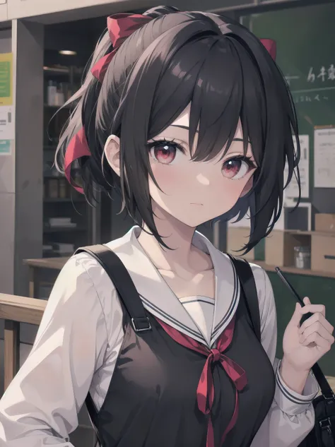 Masterpiece, top quality, super detailed, 16k, One girl, spring, high school, warm colors, school bag, accurate and highly detailed background, flock of schoolgirls in uniforms of various body shapes and hairstyles, cute. Blake. , red eyes, black hair, rib...