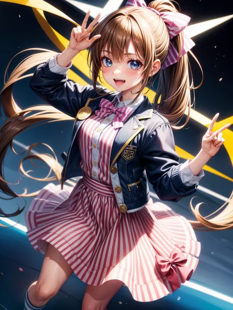 1girl, solo, bow, striped bow, brown hair, shoes, open mouth, blue eyes, striped, jacket, smile, hair bow, blue jacket, fang, pink bow, long sleeves, :d, black background, full body, arm up, bangs, looking at viewer, simple background, socks, bowtie, yello...