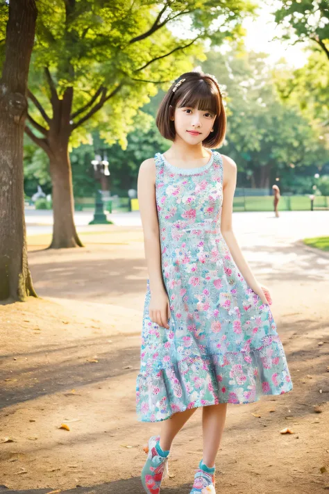 (Playing in the park:1.5)、(Full-body photo:1.5)、(Cute dress with floral pattern:1.5)、highest quality, Photorealistic, Very detailed, finely, High resolution, 8K Wallpaper, Professional, High level of detail, ((10 year old elementary school girl:1.2)), Pret...