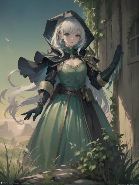 (Masterpiece, top quality, highest quality, official art, beautiful and aesthetic: 1.2), 1 girl, solo, marquise, adventurer, hood, meadow, detailed background, otherworldly fantasy with overwhelming modeling and super detailed amount of writing, one of the...