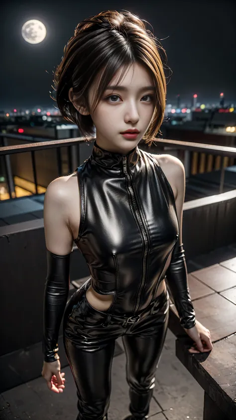 Generate with SFW, Looking up perspective, Are standing:1.21, (1lady:1.3), Japanese, 21 year old supermodel, Cyberpunk Sniper, Slim body, Angry face, Dynamic night scene, (cyberpunk night view:1.21), (Standing on the empty rooftop of a skyscraper:1.37), ((...