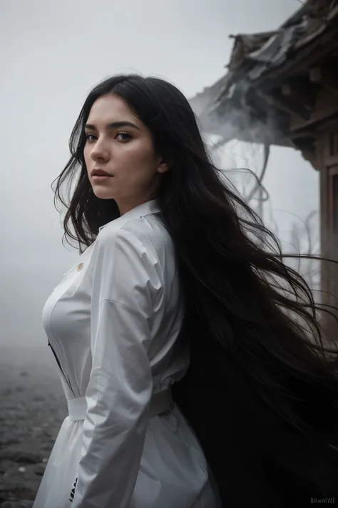 a black and white photo look from behind the thick fog appeared of a uzbek woman's face with strands of hair blowing in the wind...