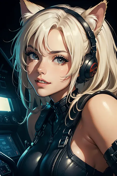 ((highest quality)), ((masterpiece)), (be familiar with), (High definition), 8K, Perfect Face、2Women、Two blonde women with cat ears、((Standing by in the mobile suit&#39;s 2cockpit))、Fearless smile、tall、2 Blonde cat ears、2. Long Hair、2. Volumetric hair styl...