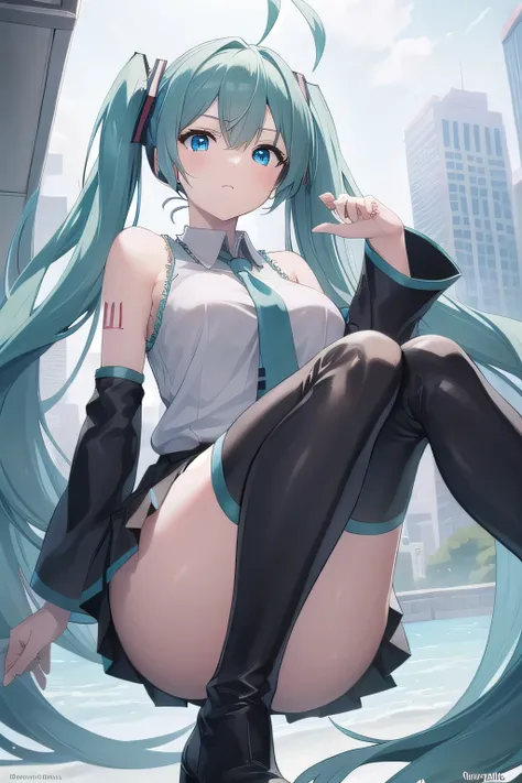 hatsunemiku, miku hatsune, ahoge, aqua eyes, aqua hair, crossed bangs, hair between eyes, hair ornament, headphones, long hair, twintails,
BREAK aqua necktie, black footwear, black skirt, black sleeves, boots, collared shirt, detached sleeves, grey shirt, ...