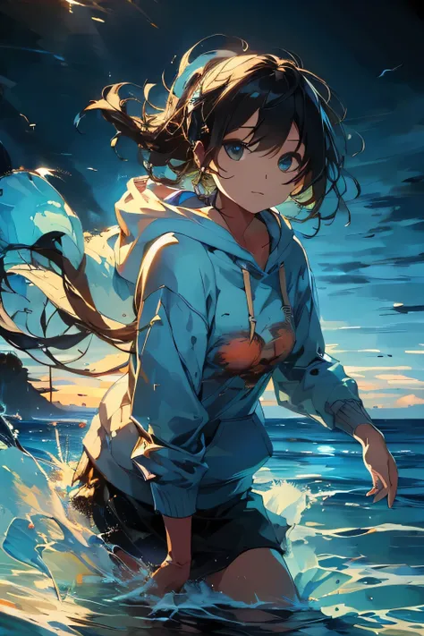 ((highest quality)), ((masterpiece)), (detailed), Perfect Face,Fair skin,Bob,hoodie,sea,Jellyfish