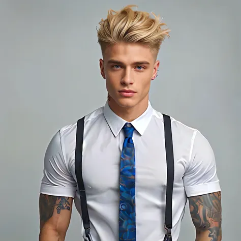 homem com gravata azul e suspende posar para foto, rapaz musculoso, vestindo uma camisa com gravata, blonde and attractive featu...