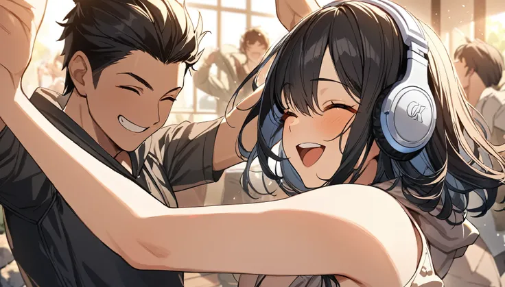1Boy, Headphones, Music, ((Dancing)), ((Black Hair)), Hood, Rock, ((Excited)), ((Smile)), ((Close Eyes)), Room, Comfy, Masterpiece, Best Quality, 4K