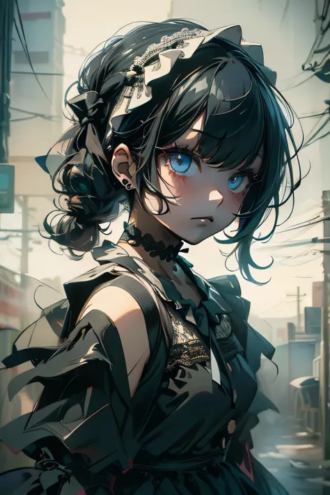 (masterpiece:1.2), (highest quality:1.2), Perfect Eyes, Perfect Face, Perfect lighting, One girl,bob, Complicated hairstyle, compensate, Black Lips, Thick eyelashes, sad, melancholy, Dressed as a goth girl, Black and white dress, Frills, ribbon, Puffy slee...