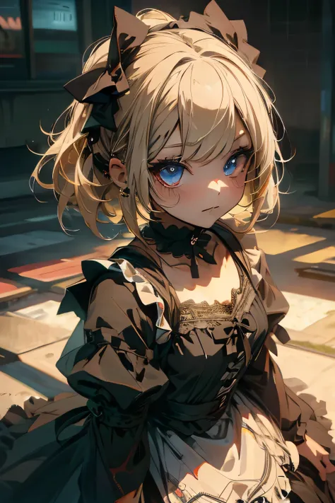 (masterpiece:1.2), (highest quality:1.2), Perfect Eyes, Perfect Face, Perfect lighting, One girl,bob, Complicated hairstyle, compensate, Black Lips, Thick eyelashes, sad, melancholy, Dressed as a goth girl, Black and white dress, Frills, ribbon, Puffy slee...